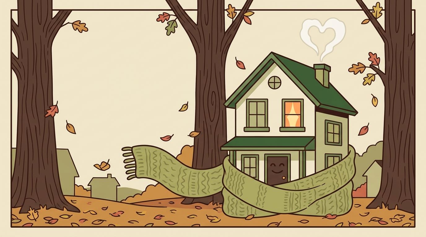 Illustration of a cartoon house wrapped in a scarf, watched over among oak trees in autumn