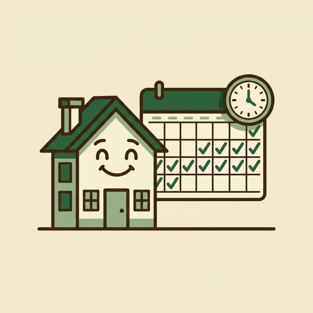 Cartoon house beside a calendar of weekly checkmarks