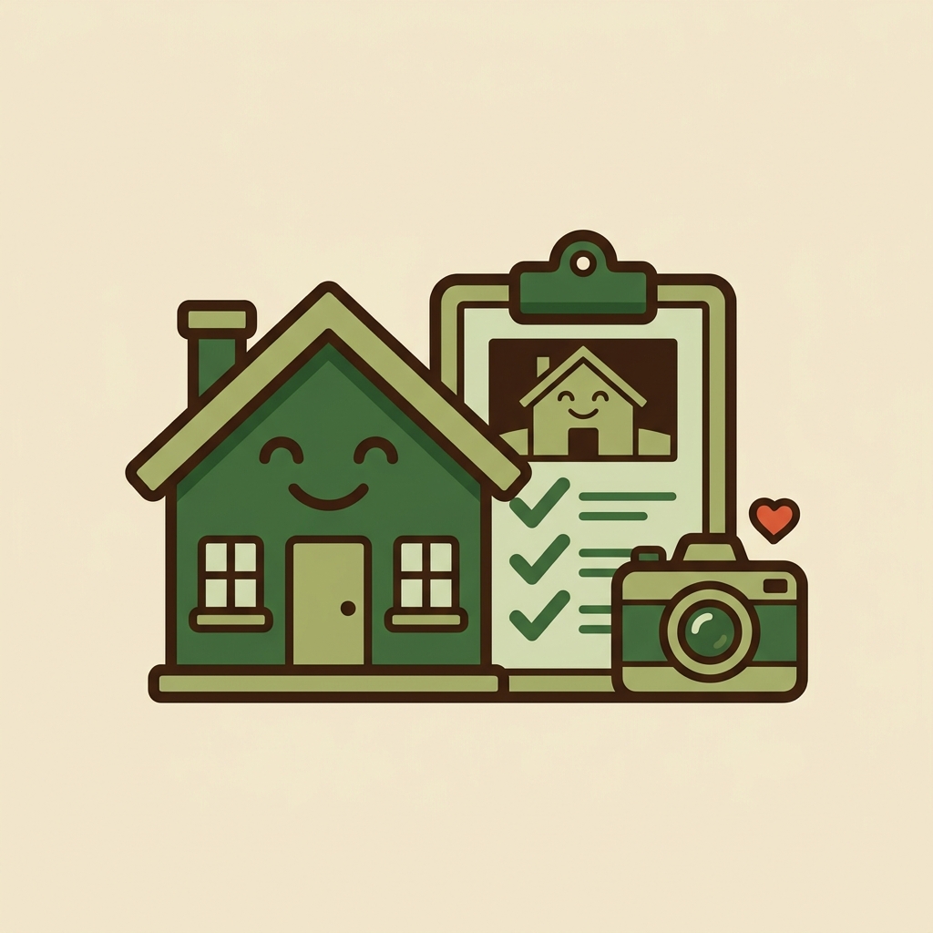 Cartoon house with a clipboard report, photo, and camera