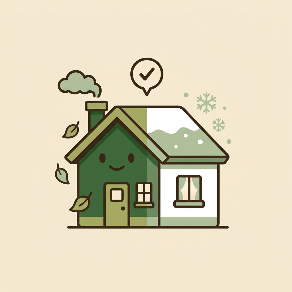 Cartoon house split between autumn and winter