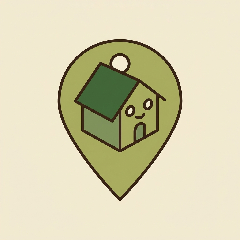 A cottage character resting on a map location pin, getting to know your home