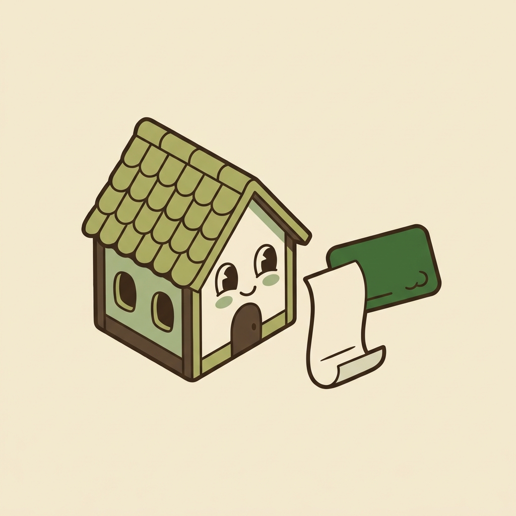 A cottage character beside a blank paper receipt and a plain payment card